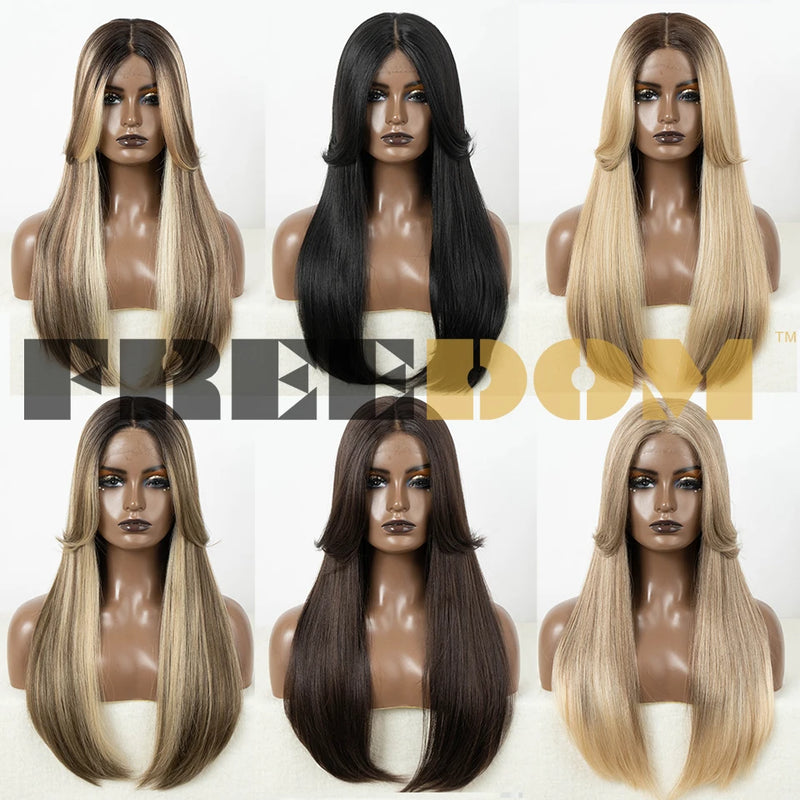 Straight Lace Front Wig with Bangs - Ombre Honey Blonde