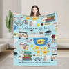 A fan throw blanket featuring Gilmore Girls characters and text on a light blue background.