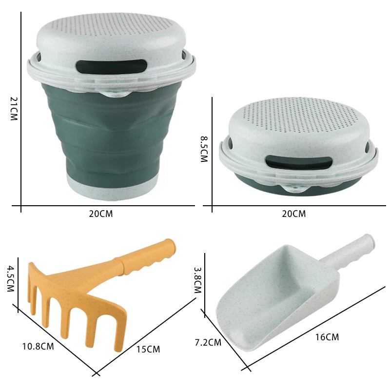 Collapsible Beach Toy Set with Bucket, Shovel & Rake
