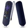 A dark blue silicone remote cover for a Roku device shown with the remote and cover separately.