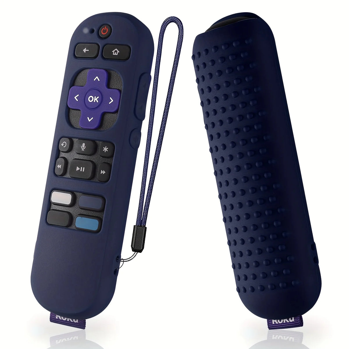 A dark blue silicone remote cover for a Roku device shown with the remote and cover separately.