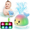 A light-up whale bath toy is shown with a baby interacting with it, and various colored lights are displayed below.
