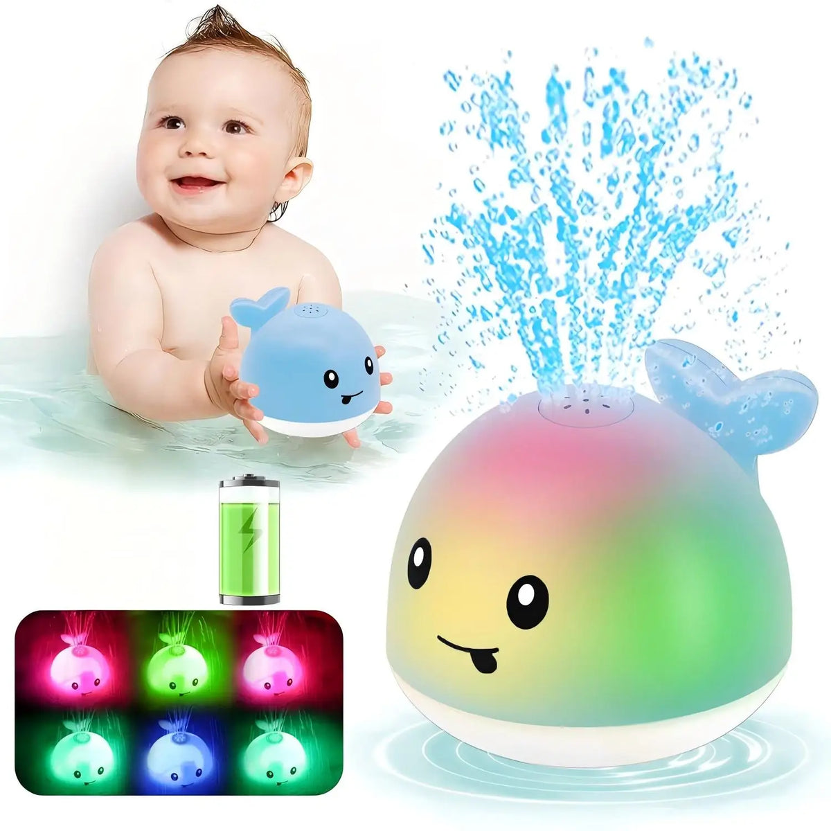 A light-up whale bath toy is shown with a baby interacting with it, and various colored lights are displayed below.