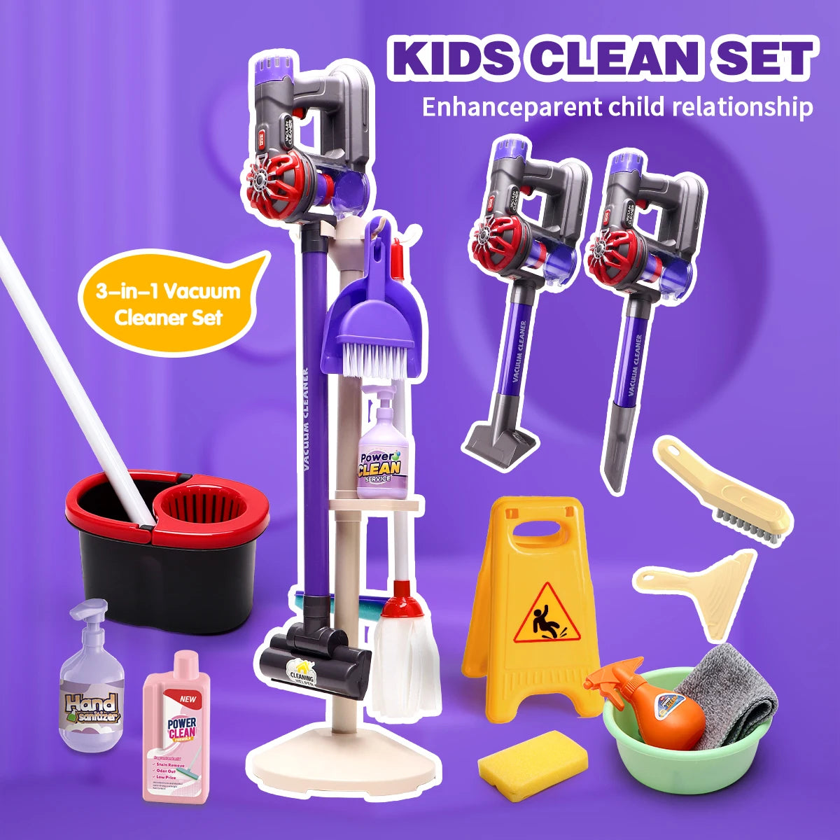 3-in-1 Electric Cleaning Playset for Kids with Storage Rack