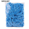 50 pieces of blue disposable transparent waterproof shower caps packaged in a clear plastic bag