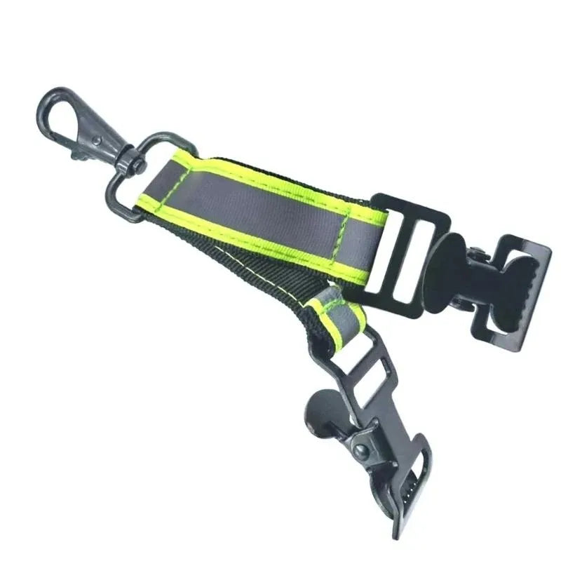 A portable glove keeper clip with a black and yellow strap and zinc alloy clamp.