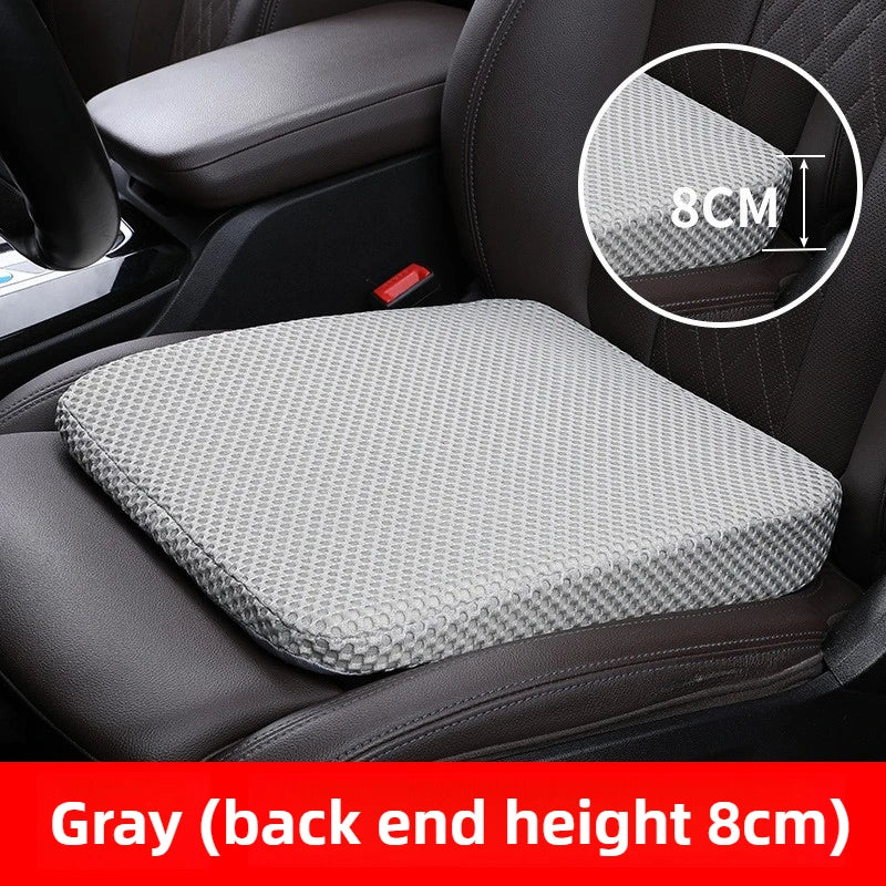 Gray car seat cushion with breathable 3D mesh and memory foam support, showing the back end height of 8cm.