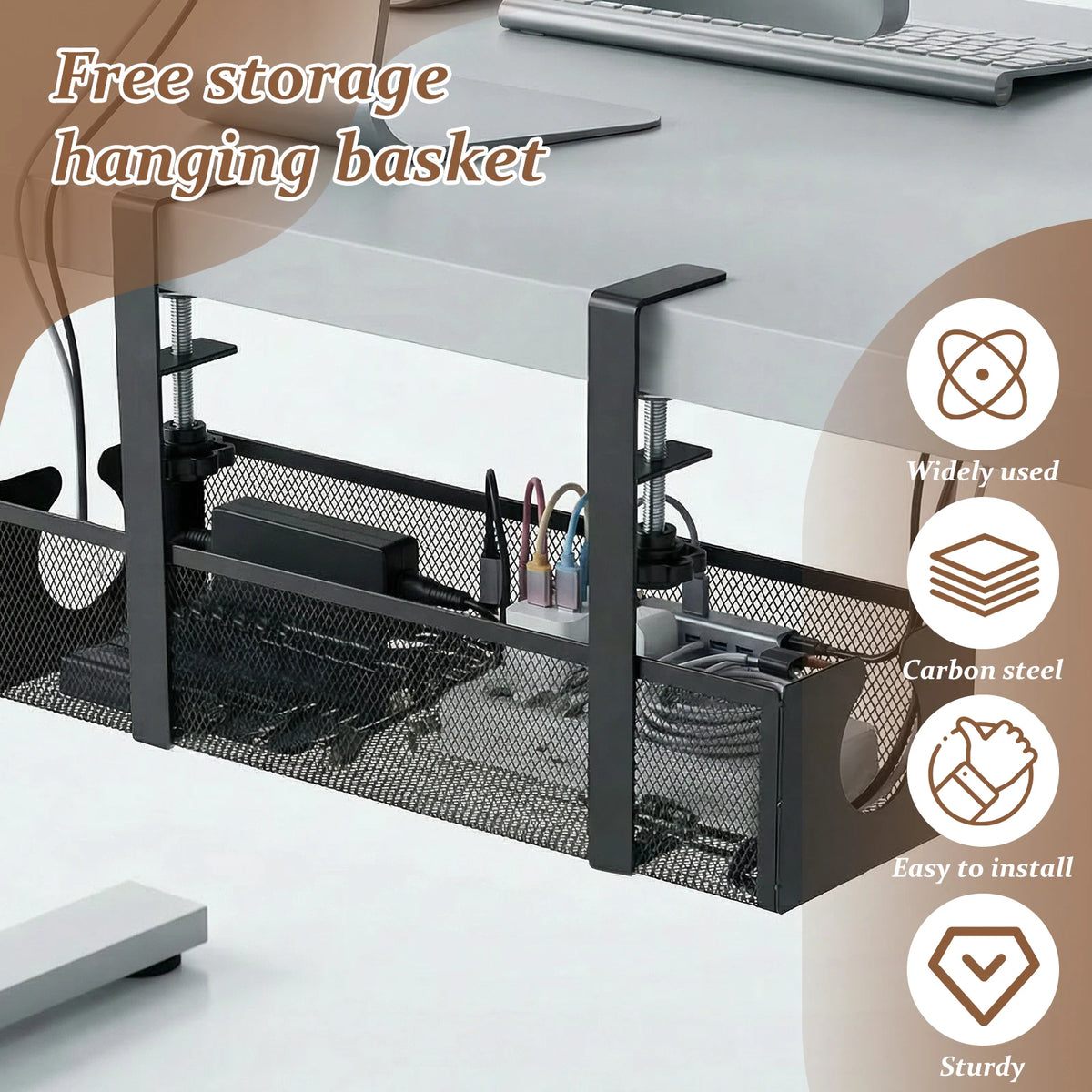 A black metal hanging basket for free storage, designed to manage cables under a desk.