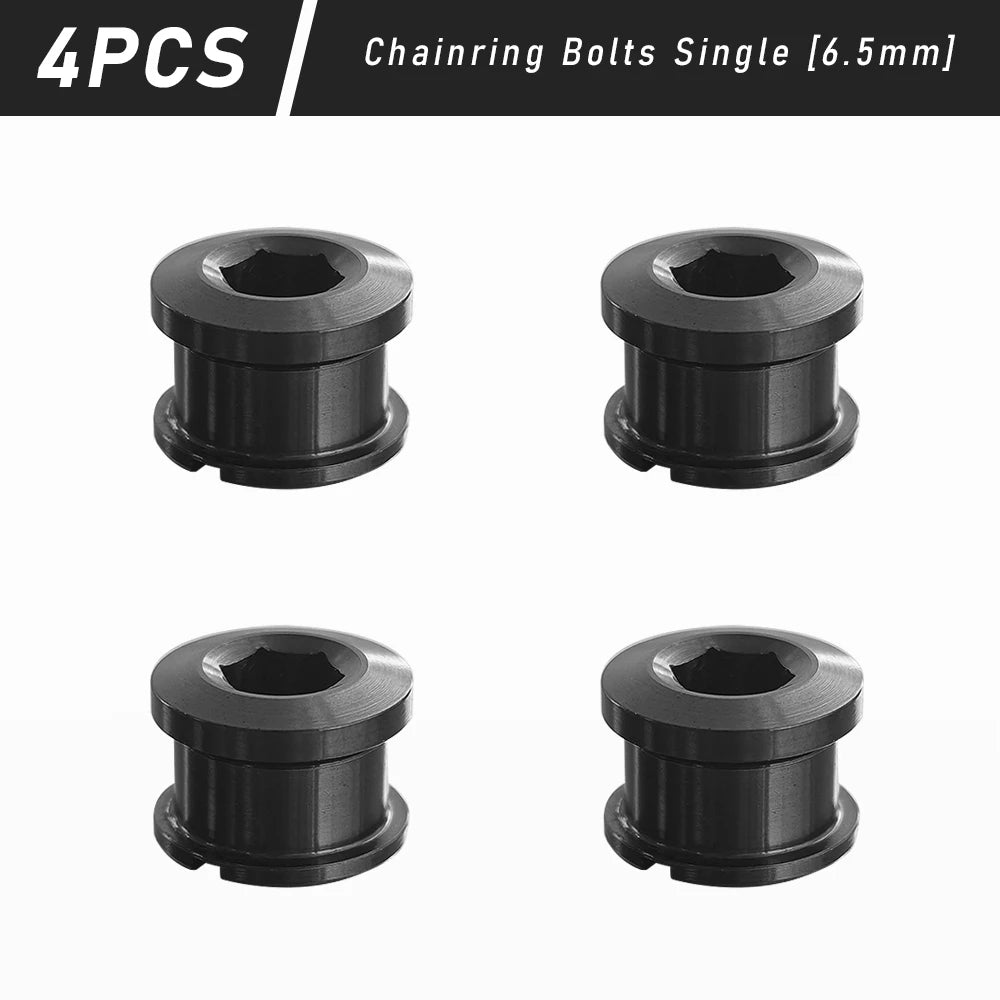 Four single titanium alloy chainring bolts, 6.5mm size, shown in black.