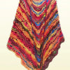 A vibrant, gradient dyed wool blend yarn displayed draped around a hanger.