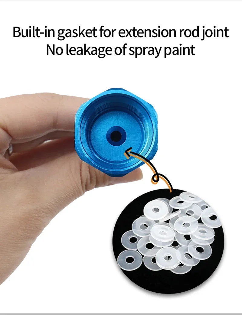 A hand holds a blue fitting with an extension rod joint, showing a collection of white O-rings below.
