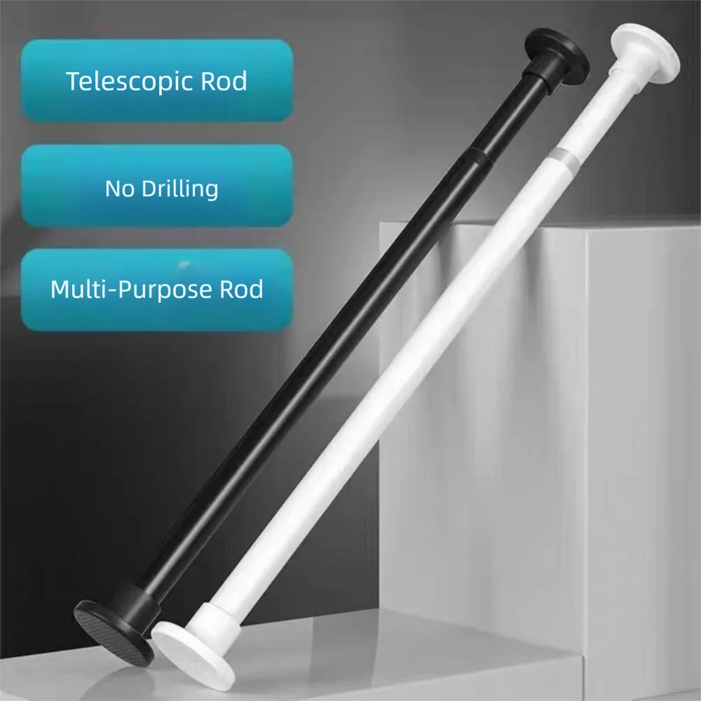 A pair of black and white telescopic rods, including a multi-purpose rod and a telescoping rod, are shown against a light bac