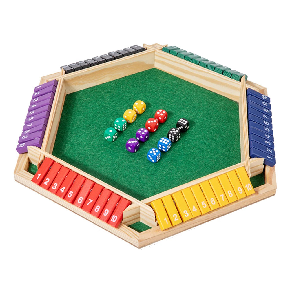 A wooden shut the box dice game with a hexagonal board and colored dice arranged on the green felt surface.