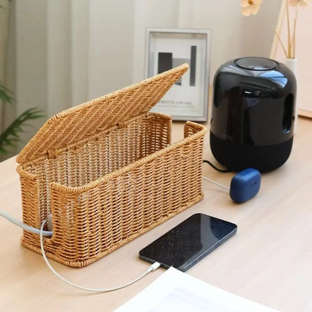 Handwoven Rattan Cable Management Box with Lid