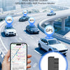 A hand holds a smartphone displaying location tracking information, set against a background of cars and a highway.