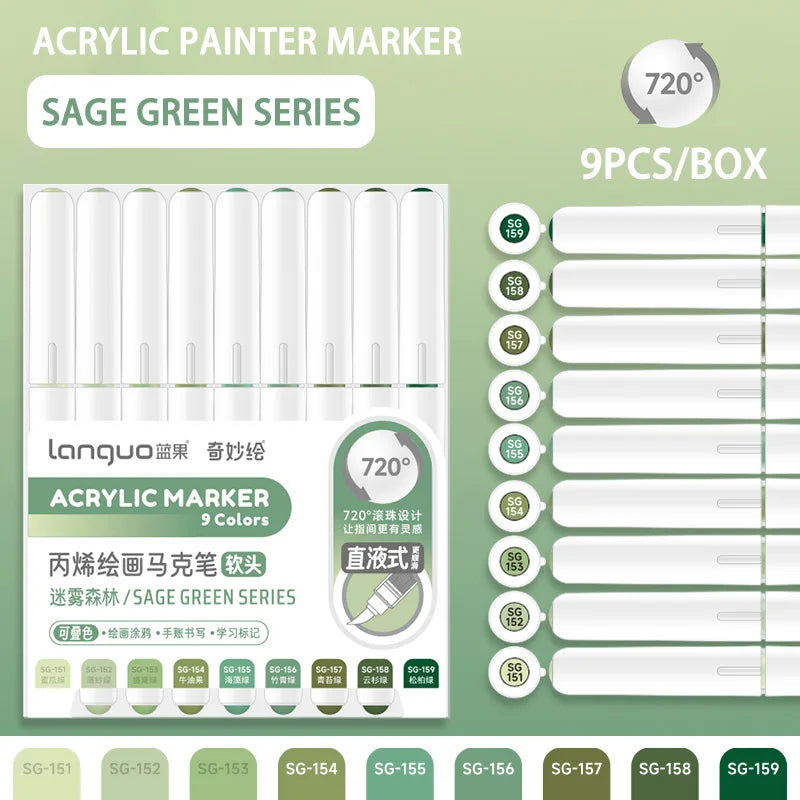Box of 9pcs/box Acrylic Paint Markers Sage Green Series with 720 degree tips
