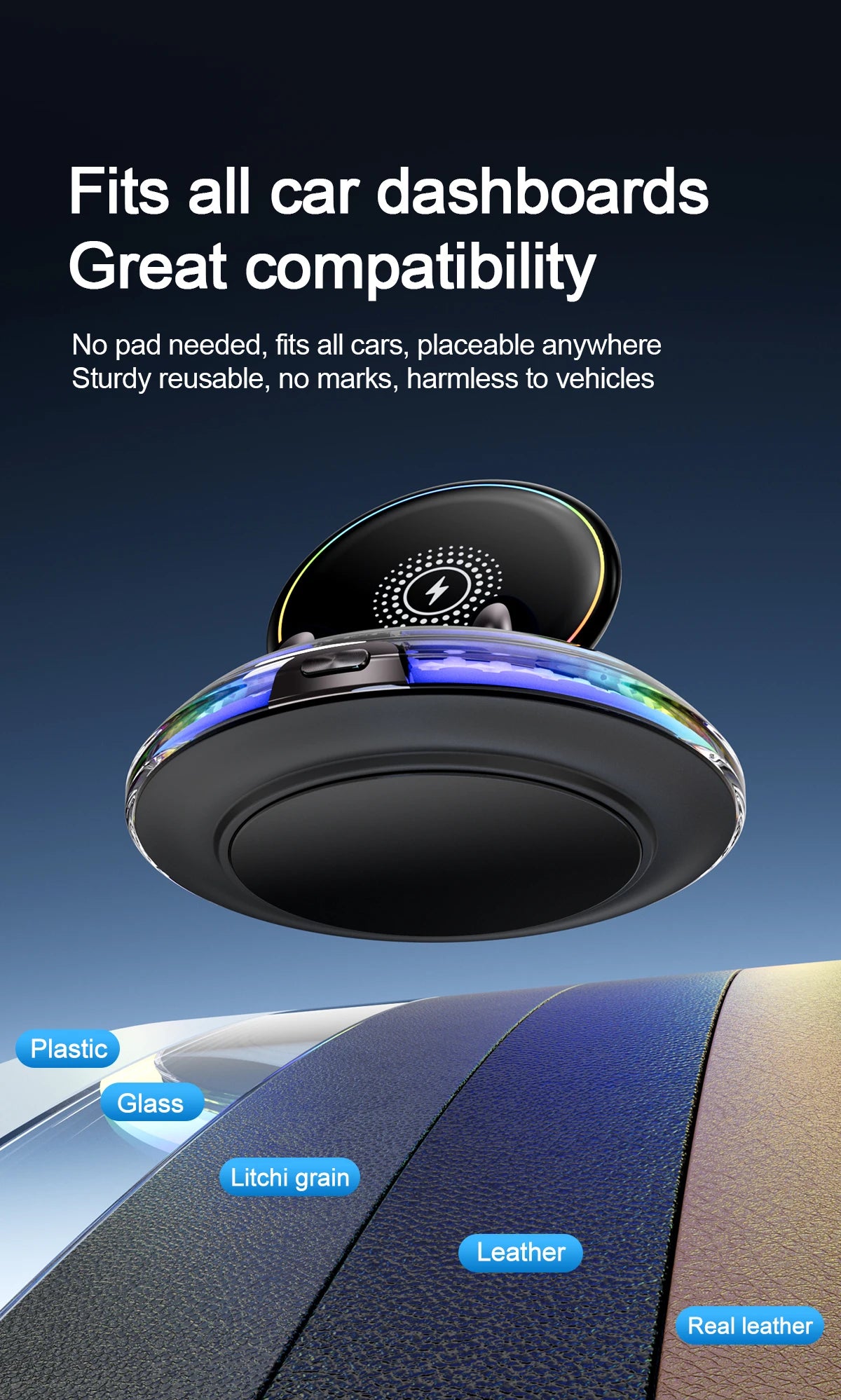 A black wireless car charger mount with an RGB ambient light is shown mounted on a car dashboard surface.