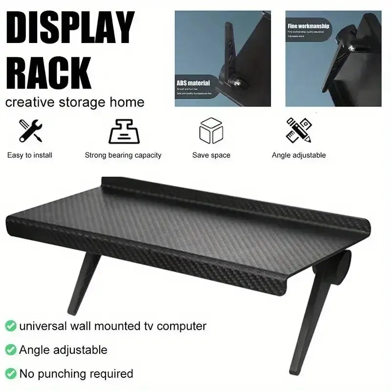 Schwarzes Displayregal für kreative Aufbewahrung, aus ABS-Material mit winkelverstellbarer Montage.