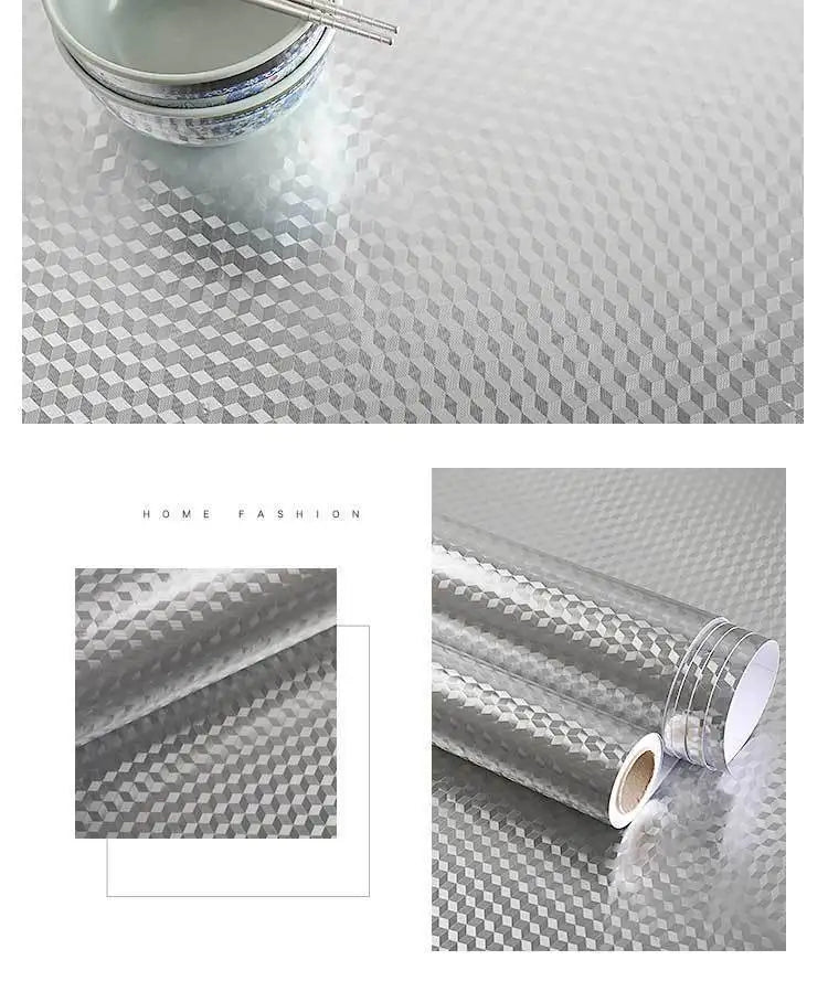Roll of brushed silver peel-and-stick metal wallpaper showing a textured pattern on a white background.