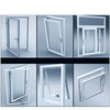 Various angles show a white universal safety window and door lock mechanism for securing glass panels.