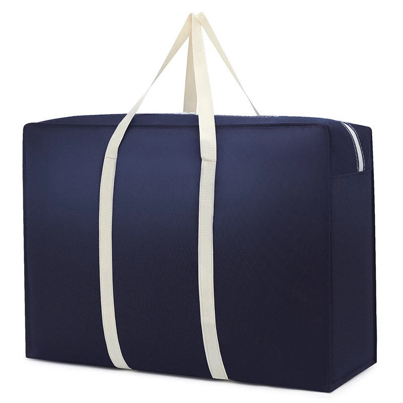 A navy blue extra-large waterproof moving and storage bag with light beige fabric handles.