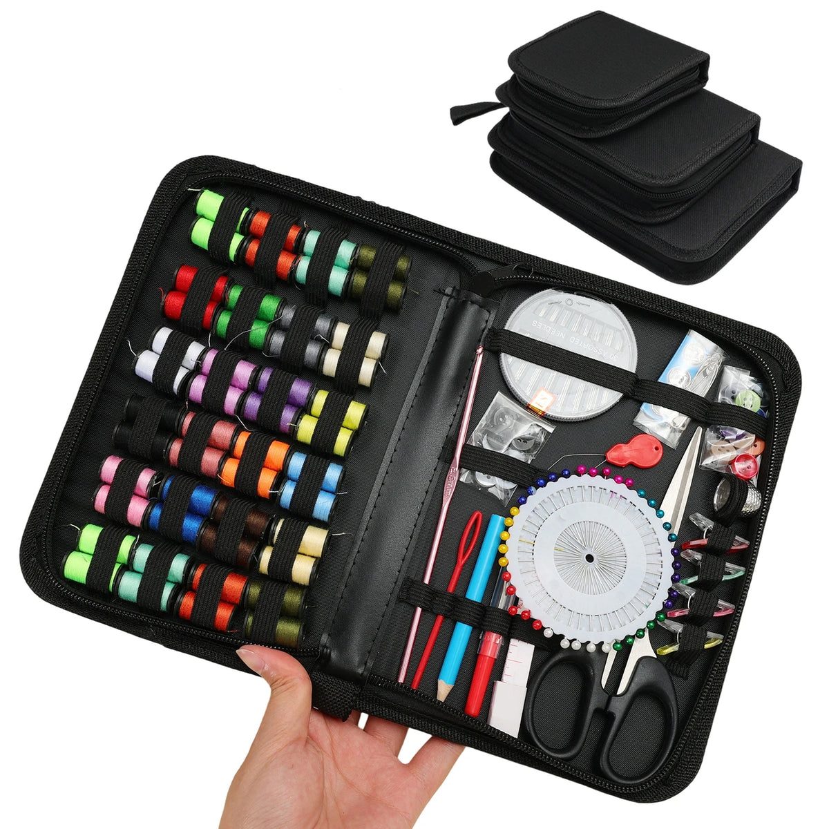 A black portable multi-function sewing kit is shown open, displaying various threads, needles, and tools.