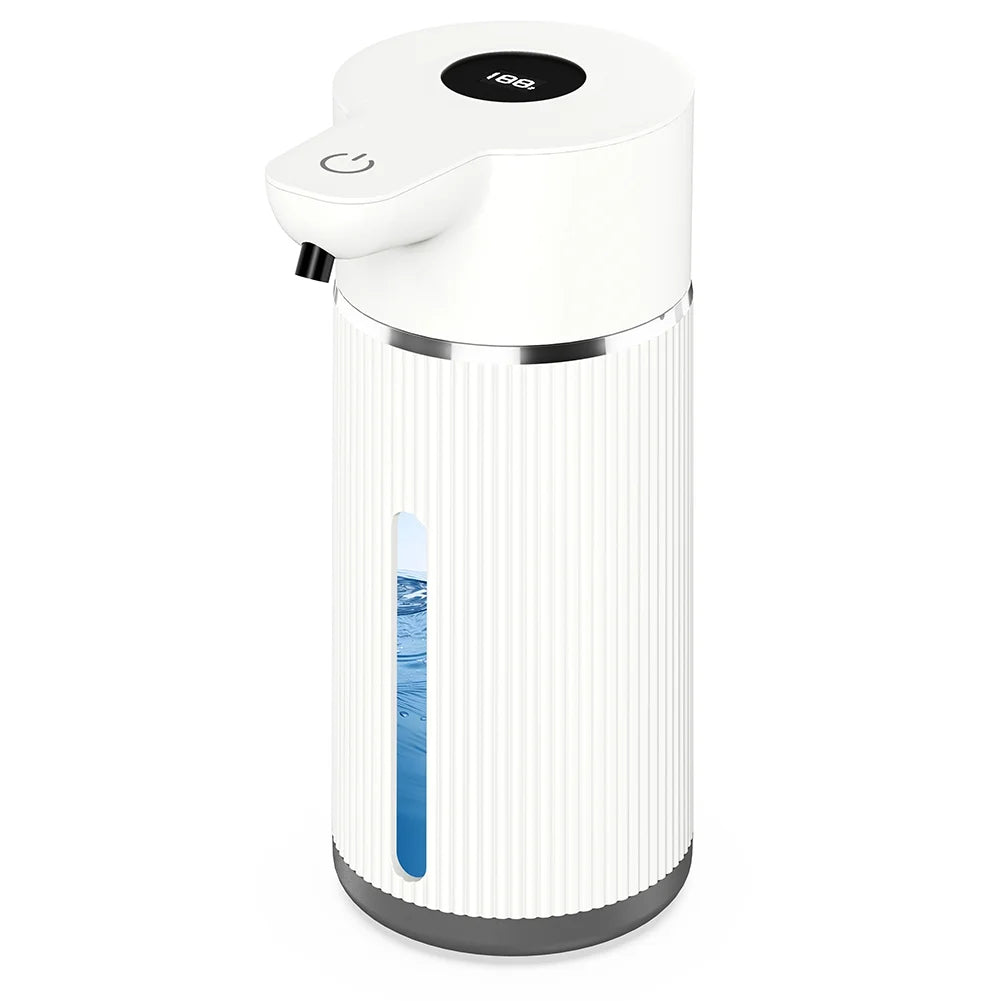A white automatic foaming soap dispenser with a black touchless sensor and a blue liquid inside.