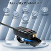A black motorcycle USB charger with a voltmeter display is shown, surrounded by icons detailing various security protections.