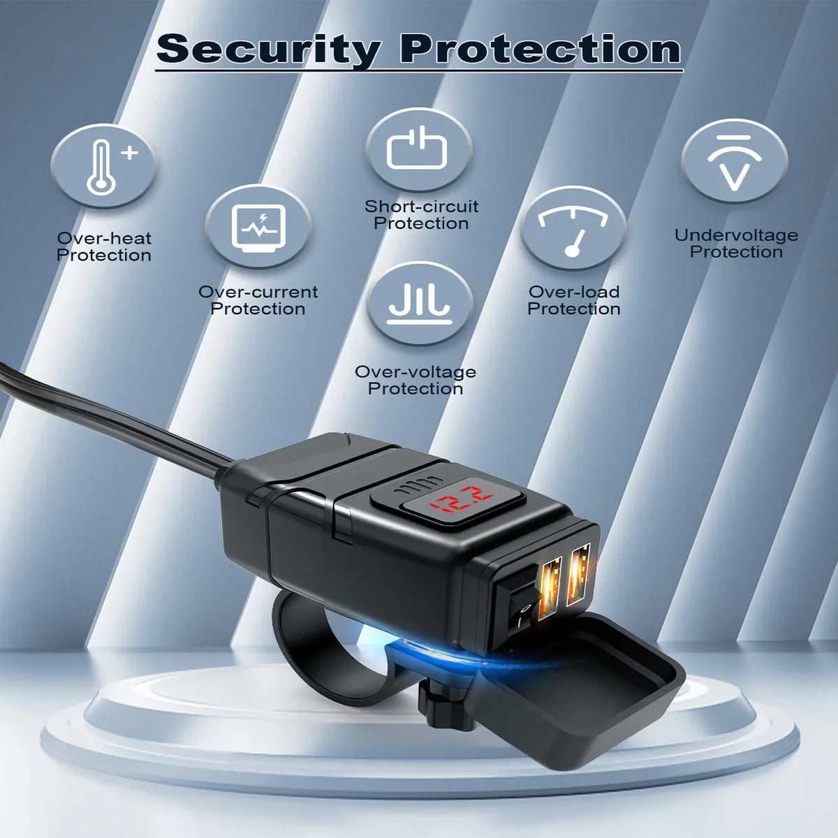 A black motorcycle USB charger with a voltmeter display is shown, surrounded by icons detailing various security protections.