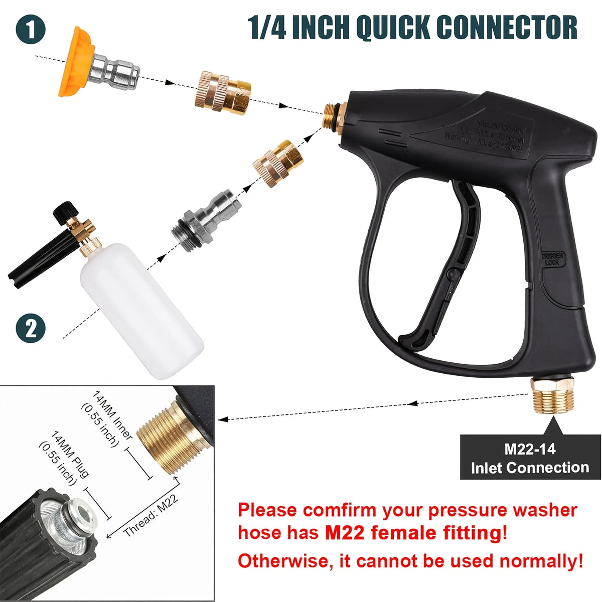A heavy-duty pressure washer gun with a foam cannon and 1/4 inch quick connector assembly.