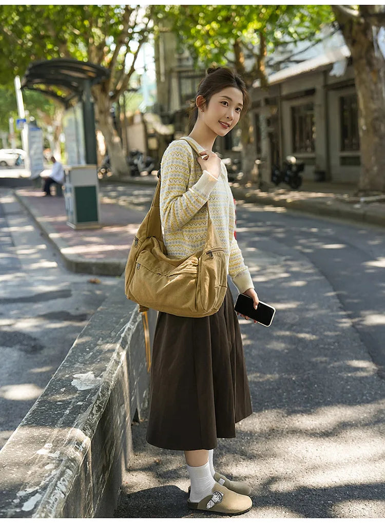 Cotton Canvas Crossbody Bag with Large Capacity