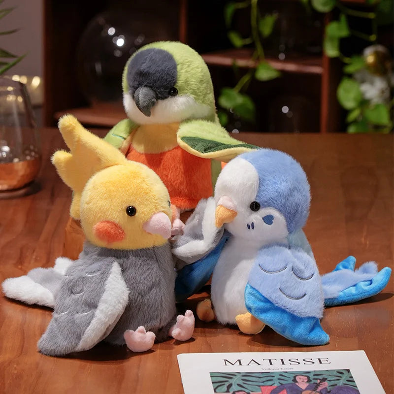 A collection of adorable plush parrot hand puppet toys featuring various colors and textures.