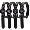 A set of five black ring sizer measuring tools with magnification features.