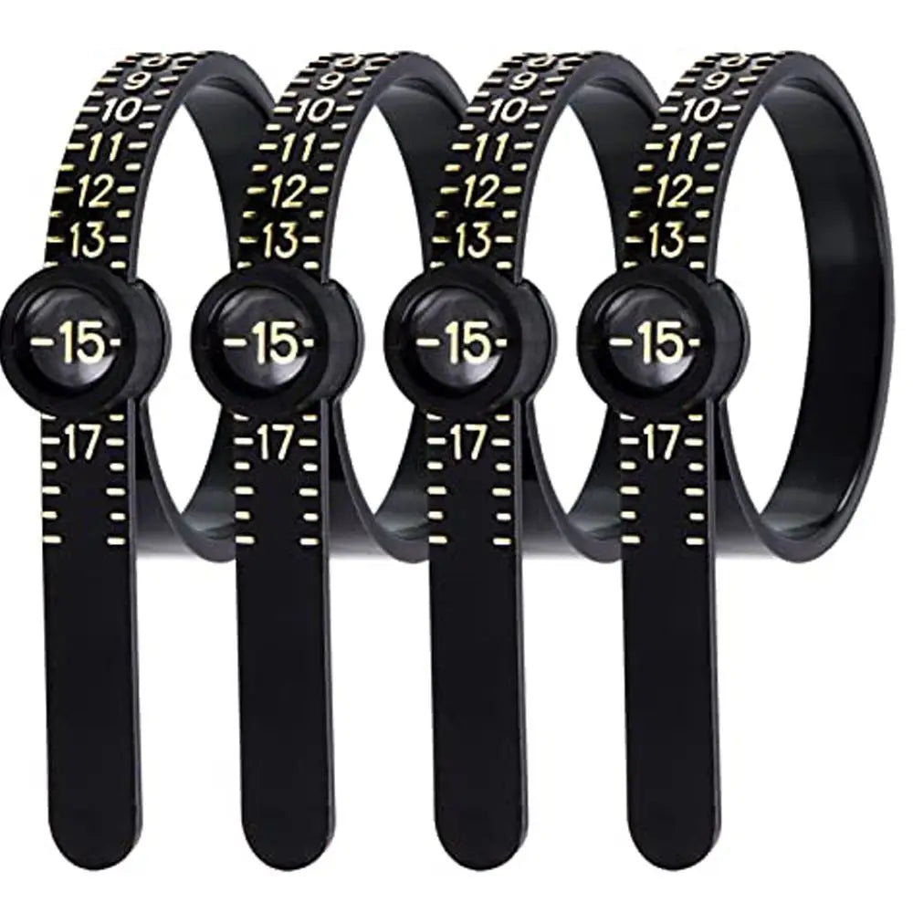 A set of five black ring sizer measuring tools with magnification features.