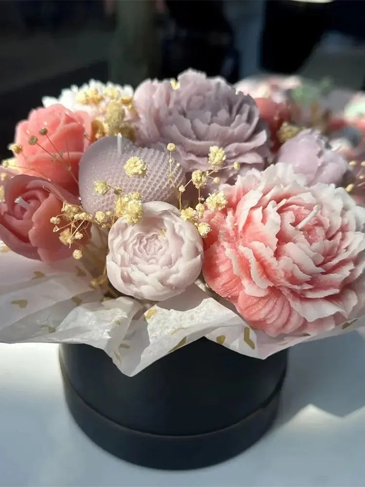 A bouquet of pink and mauve peony flowers made from silicone molds, suitable for candle, resin, or soap making.