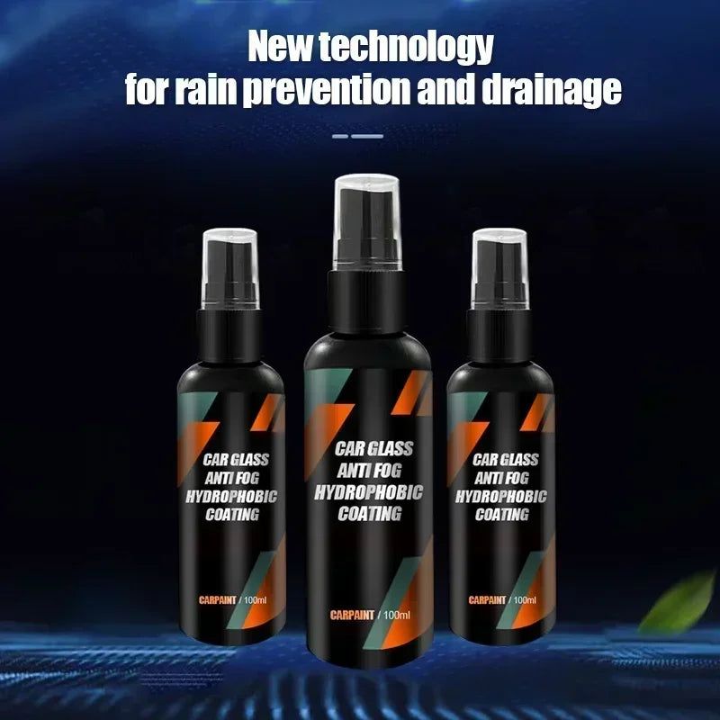 Three bottles of Car Glass Anti Fog Hydrophobic Coating spray against a dark background.