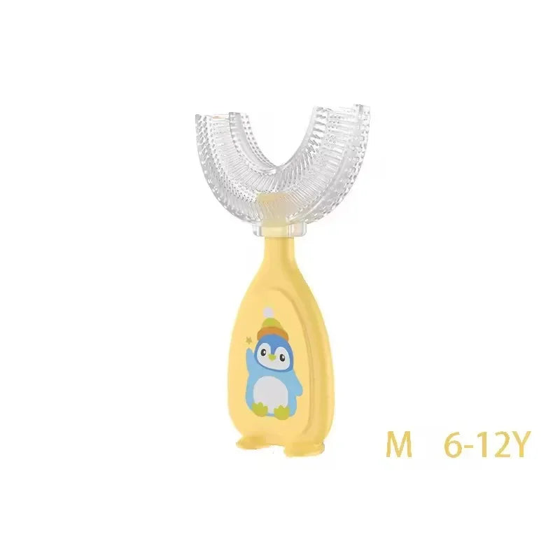 Yellow U-shaped silicone toothbrush with a blue penguin design for children