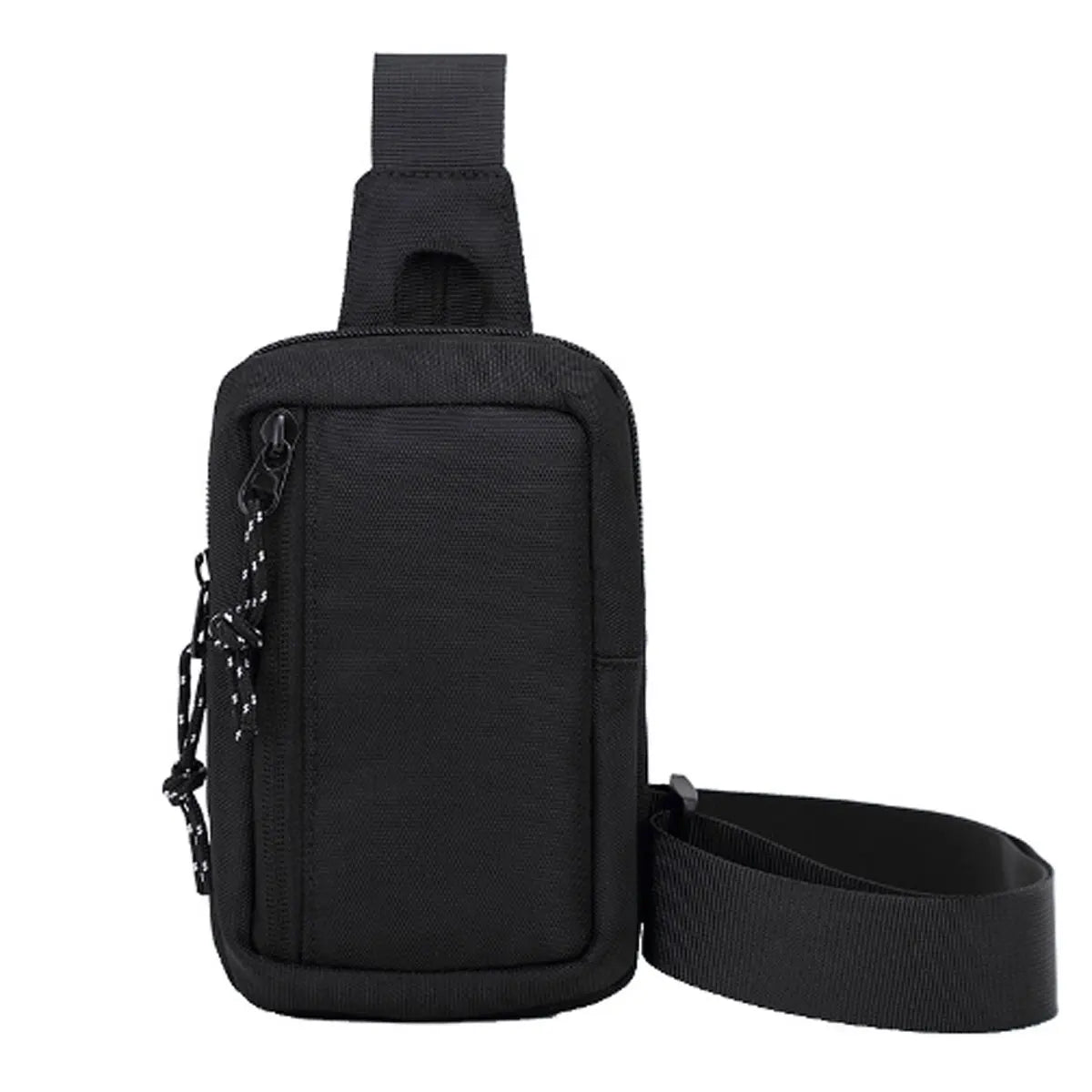 Black compact canvas crossbody bag with a strap shown from the back