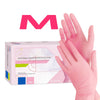 A pink box of disposable nitrile protective gloves is shown next to a hand wearing the gloves.