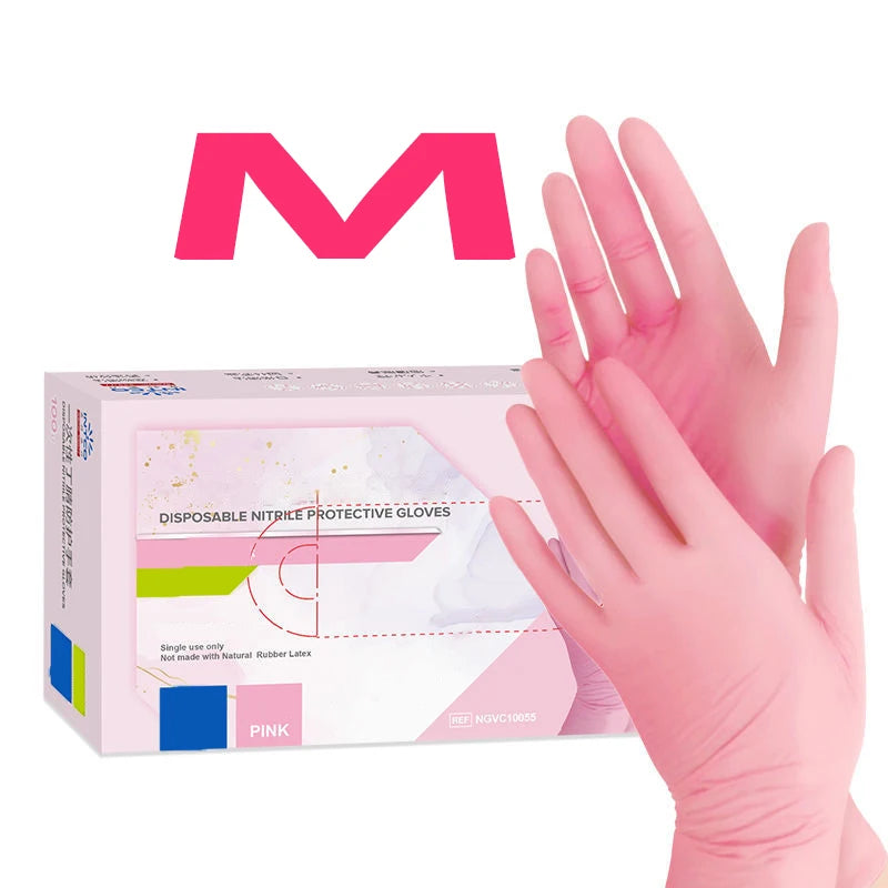 A pink box of disposable nitrile protective gloves is shown next to a hand wearing the gloves.