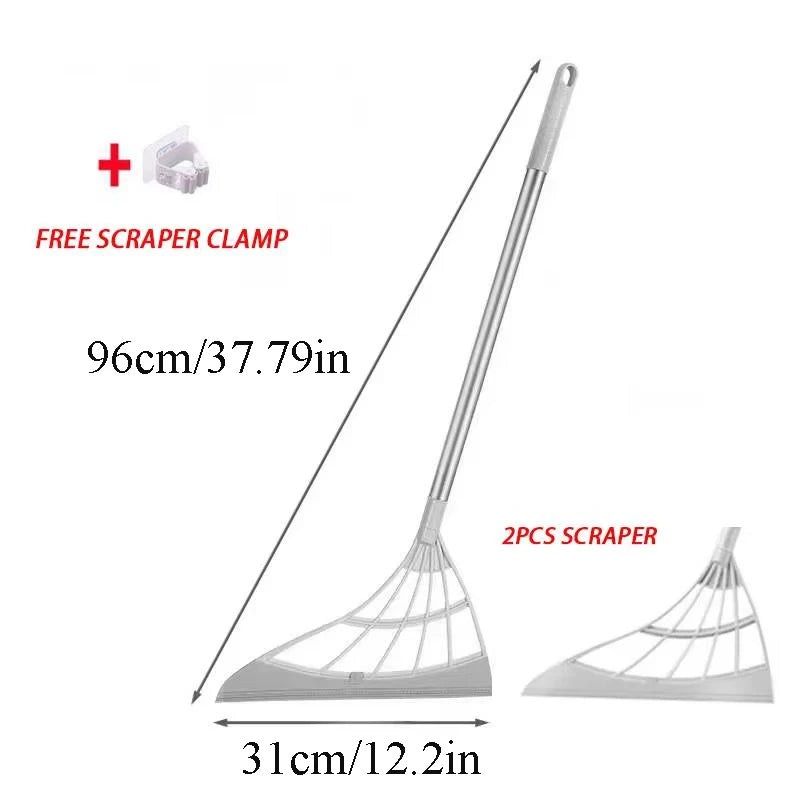 A silicone squeegee broom with a long adjustable handle and two pieces of scraper shown next to a clamp.
