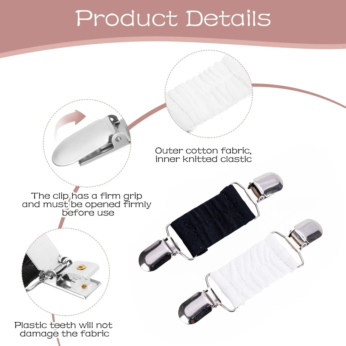 Détails du produit : tissu extérieur en coton et clip plastique tricoté intérieur pour attaches ajustables au dos