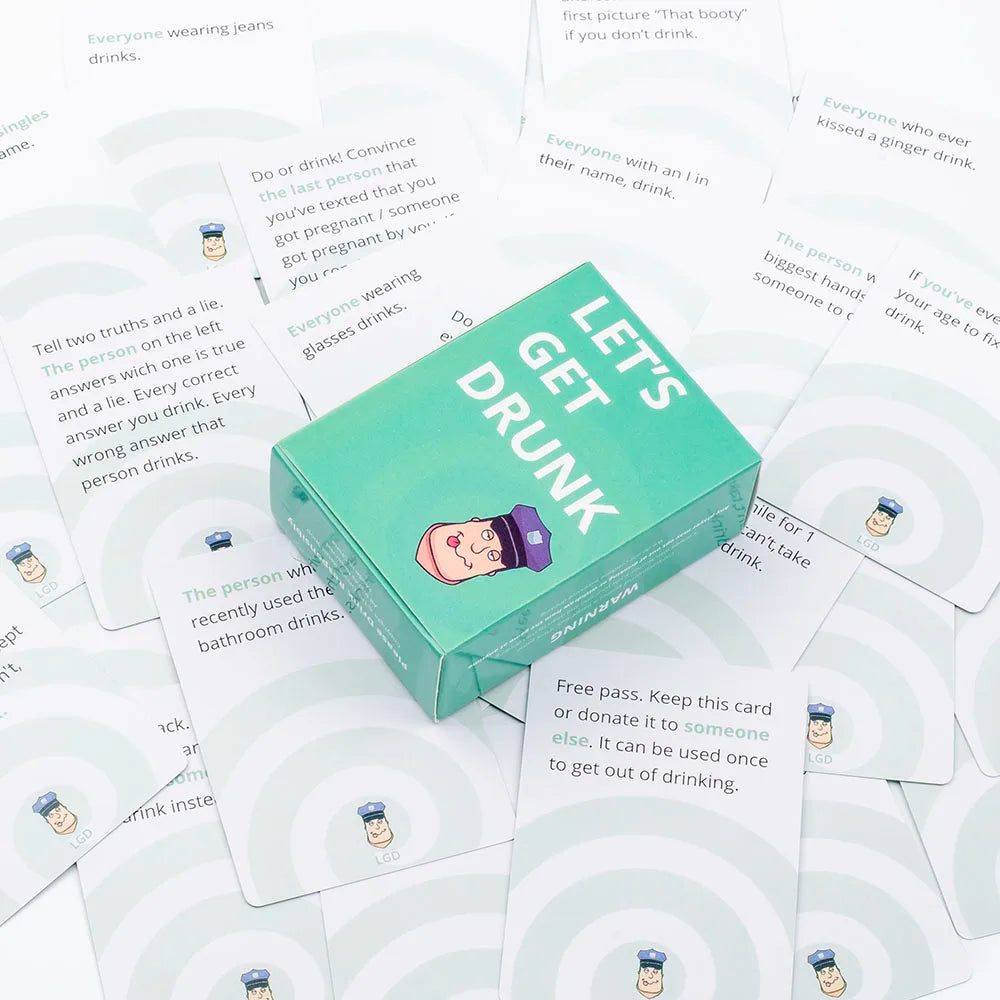 A green box of Let's Get Drunk cards with various text prompts and illustrations for a drinking game.