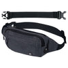 A dark gray water-resistant nylon fanny pack with an adjustable strap shown in two views.