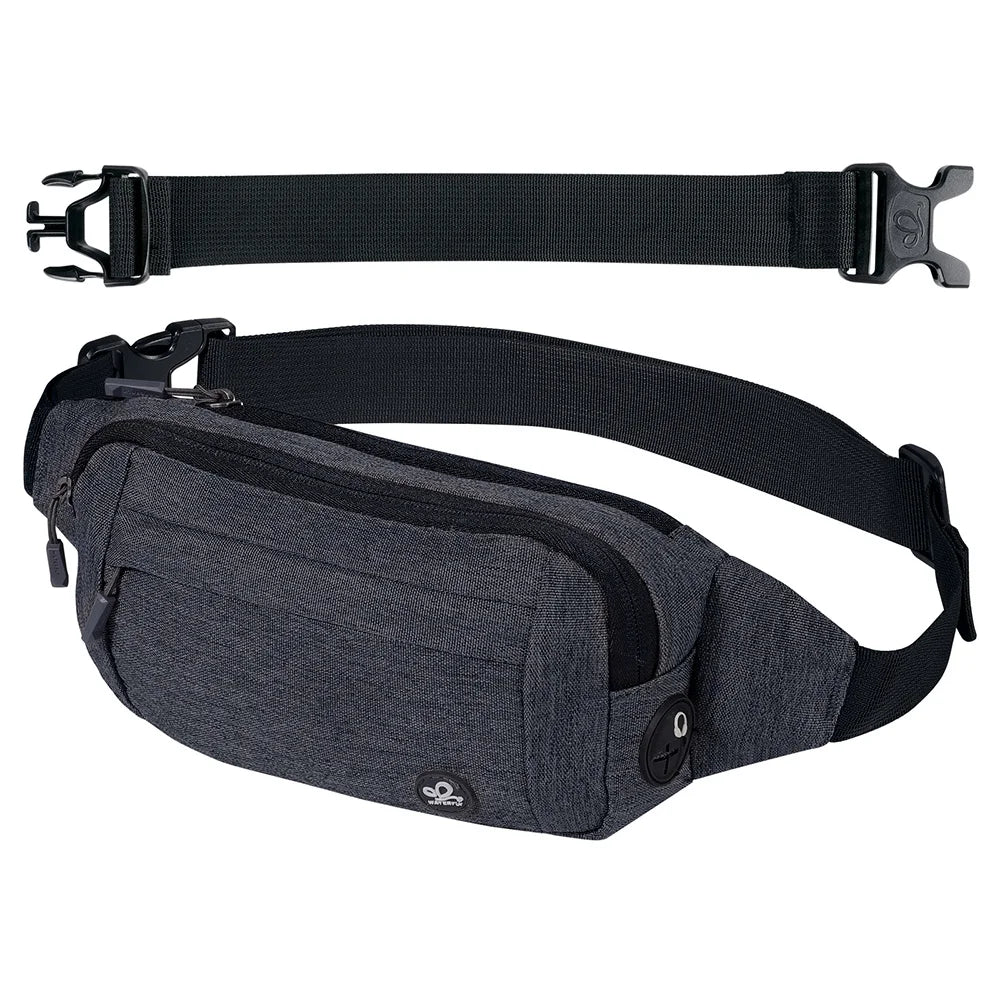 A dark gray water-resistant nylon fanny pack with an adjustable strap shown in two views.