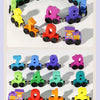 A set of magnetic wooden train cars shaped like numbers 0 through 8, featuring various colors.