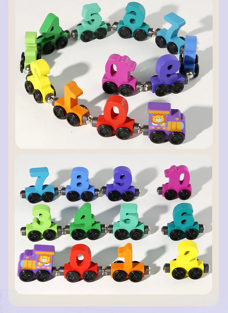 A set of magnetic wooden train cars shaped like numbers 0 through 8, featuring various colors.