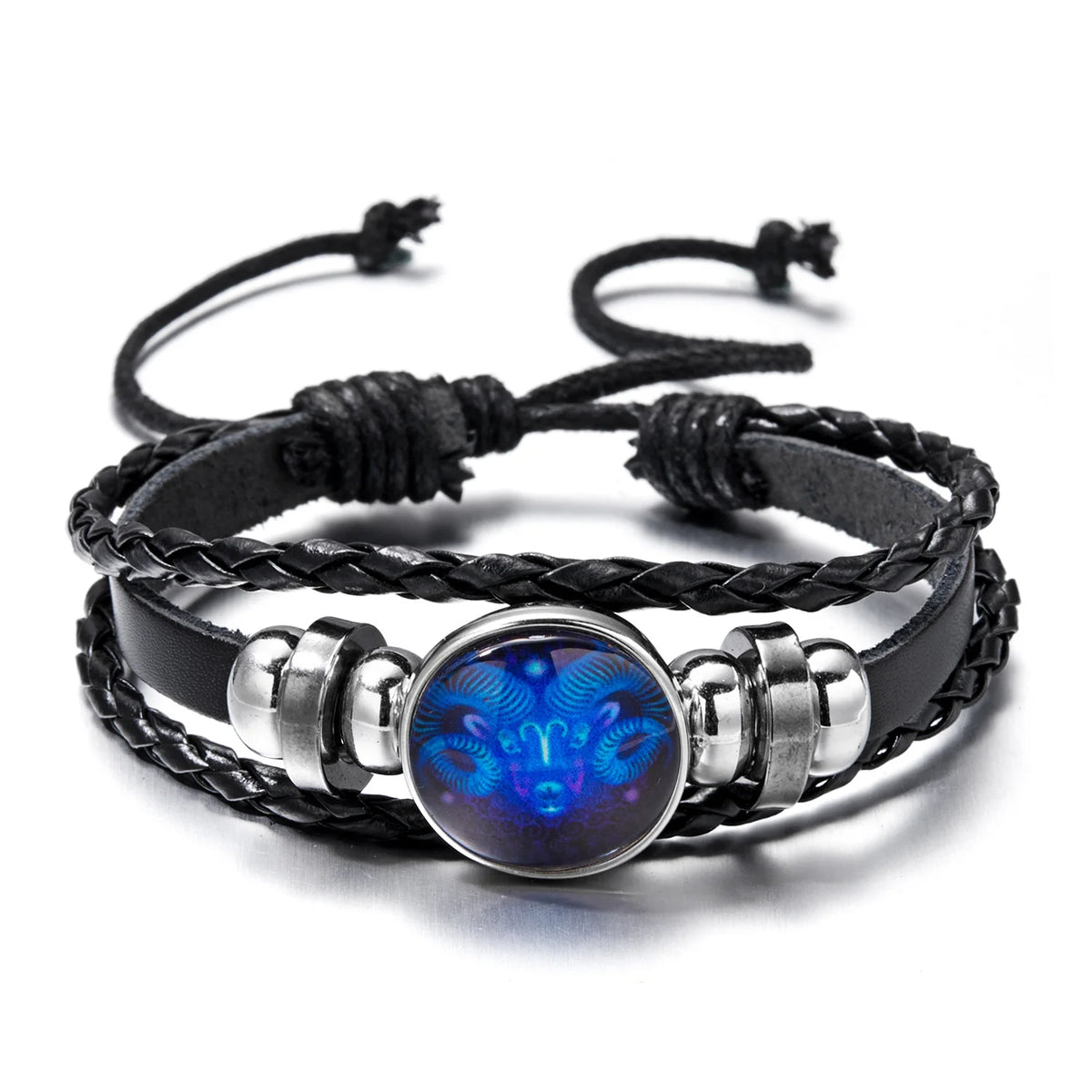Black leather wrap bracelet featuring a glowing blue zodiac sign charm.