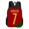 A red and green soccer star backpack featuring the name RONALDO and the number 7.