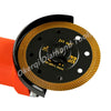 A black turbo diamond saw blade with a gold-colored edge and an orange handle.